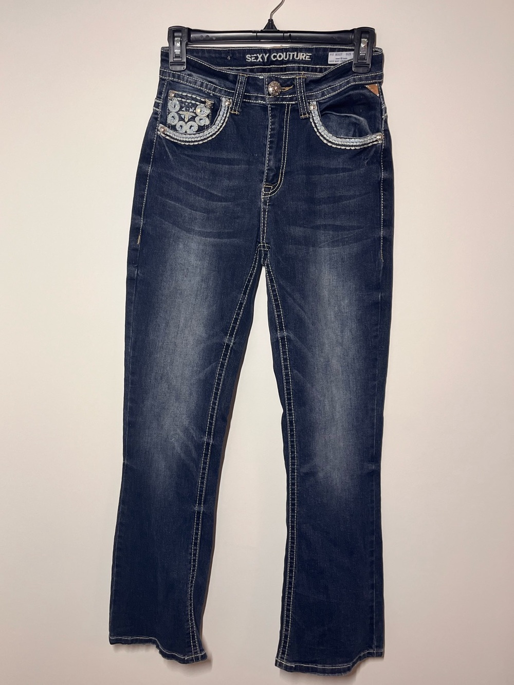 Sexy Couture Women's Dark Wash Bootcut Jeans with Embellished Pockets